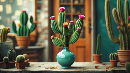 Wall Mural - Vibrant Cactus Arrangement in a Decorative Vase with Colorful Blooms and Empty Space for Custom Text