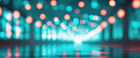 Wall Mural - turquoise and red bokeh lights creating a dreamy abstract background with reflections on a polished 