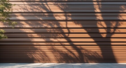 Wall Mural - abstract tree shadow on a brown horizontal metal wall creating a textured backdrop with sunlight and