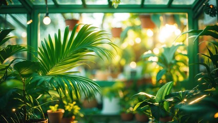 Wall Mural - lush green palm leaves illuminated by soft sunlight in a greenhouse setting, creating a tranquil nat