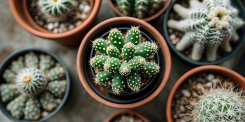 Wall Mural - Miniature Cactus Collection in Pots with Empty Space for Textual Overlay and Natural Background