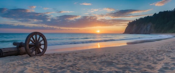 Wall Mural - cannon beach sunset over ocean waves with soft sand and rolling hills in background ideal for text o