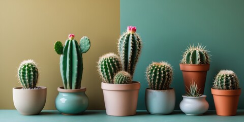 Wall Mural - Cactus Arrangement on Color Block Background with Empty Space for Text Ideal for Nature or Gardening Themes