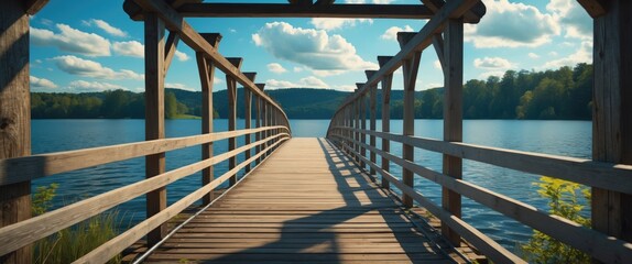 Wall Mural - serene wooden bridge over calm lake with lush greenery and clear blue sky in scenic nature landscape