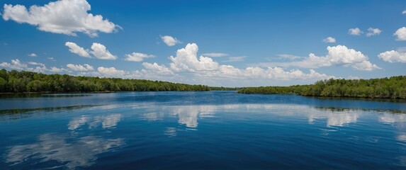 Wall Mural - serene lake landscape with reflections and lush greenery under a bright blue sky and fluffy white cl