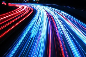Wall Mural - Photo visual is characterized by vibrant blue and red light trails that smoothly flow across a black backdrop, creating an abstract and energetic atmosphere.
