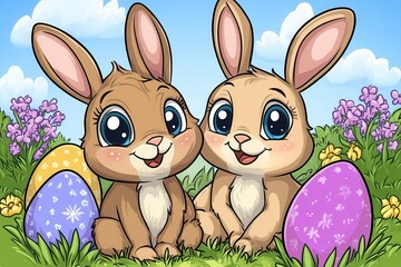 A colorful cartoon featuring two cheerful rabbits playfully surrounded by vibrant Easter eggs in a sunny field setting.