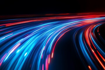 Wall Mural - Photo visual is characterized by vibrant blue and red light trails that smoothly flow across a black backdrop, creating an abstract and energetic atmosphere.
