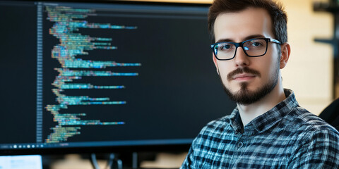 Software developer working on code in a modern office