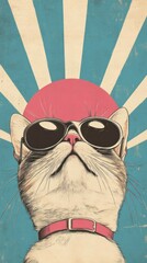 A confident cat wearing oversized sunglasses looks up, framed by bold sun rays and a bright pink sun. The retro-inspired illustration gives a playful and relaxed vibe, suitable for cat lovers