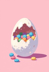 Wall Mural - Colorful Easter Egg with Candies, Playful Minimalist Illustration, Copy Space for Text