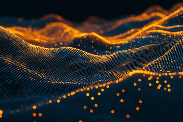 Wall Mural - vibrant orange-lit dots curve and flow in wave-like patterns on a dark backdrop, forming dynamic lin