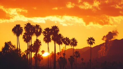 Sticker - Silhouetted palm trees at sunset in los angeles with hillside smoke  a captivating scene