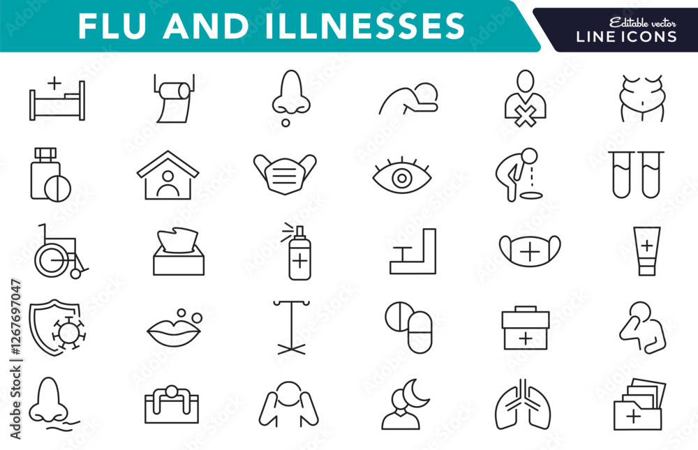 Flu and illnesses line icon set. Pandemic, cough, fever, lung CT scan ...