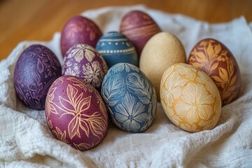 A detailed close-up of a colorful plate featuring intricately painted eggs arranged beautifully on a table surface.