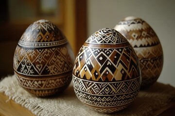 Wall Mural - Three beautifully decorated eggs are elegantly placed on a table, complemented by a soft cloth beneath them, creating a charming centerpiece.