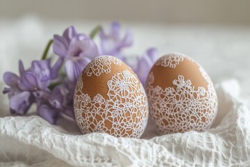 Wall Mural - Two elegantly adorned eggs with delicate white lace rest on a pristine white cloth, creating a serene and refined visual composition.