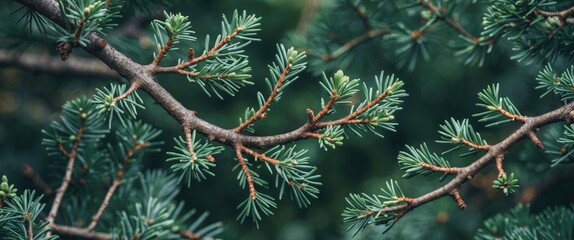 Close-up of evergreen tree branches with lush green needles and brown twigs natural background with Copy Space