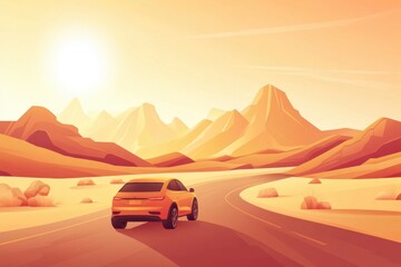 Poster - Car drives along a winding desert road under a warm sunset with distant mountains in view. Generative AI