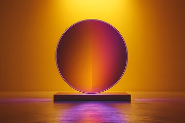 Wall Mural - Vibrant circular display on a pedestal against a glowing gradient background with reflections