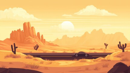 Poster - Car drives along a desert road with distant mountains under a warm sunset sky filled with orange and yellow tones. Generative AI