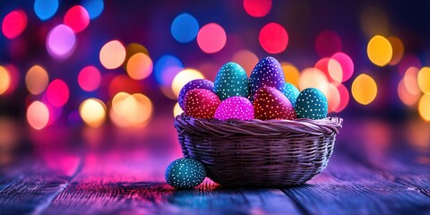 Wall Mural - A vibrant collection of Easter eggs arranged in a basket, resting atop a rustic wooden table, celebrating the festive spirit of the holiday.