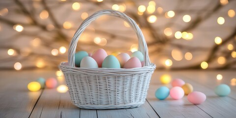 Wall Mural - A basket filled with numerous eggs rests on a table illuminated by soft lights, creating a warm and inviting atmosphere.