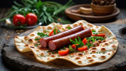 Wall Mural - Grilled sausage served on flatbread with fresh tomatoes and herbs on wooden background with copy space