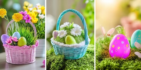 Wall Mural - Three vibrant Easter baskets filled with colorful flowers and decorated eggs, symbolizing spring and festive celebrations.