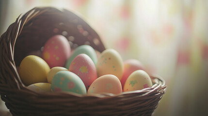 Wall Mural - Colorful eggs gathered in a basket bring joy and springtime cheer during Easter Sunday celebrations in bright, sunlit surroundings