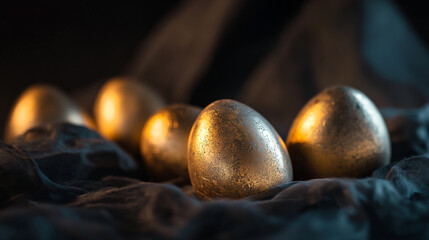 Wall Mural - Golden eggs gleaming in the soft light, evoking the joy of Easter Sunday celebrations and the promise of new beginnings