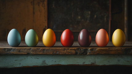 Wall Mural - Colorful eggs lined up on a rustic wooden table create a festive atmosphere for Easter Sunday celebration