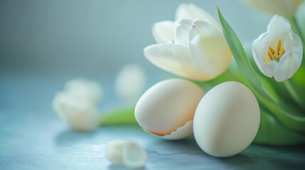 Wall Mural - Delicate white tulips and pastel eggs create a serene Easter Sunday atmosphere in a softly lit setting