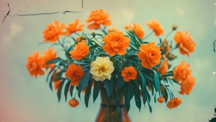 Wall Mural - orange and yellow flowers in a glass vase with soft focus and copy space
