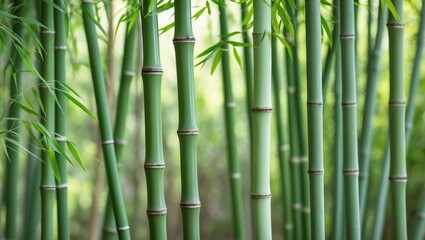 Wall Mural - close-up of bamboo stalks in a green forest setting with natural light and blurred background copy s