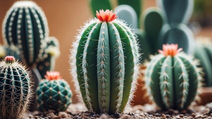 Sticker - Colorful cacti with distinct spines and flowers in a landscaped garden setting with blurred background and ample Copy Space