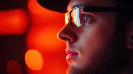 Wall Mural - man in glasses with red lighting stock image