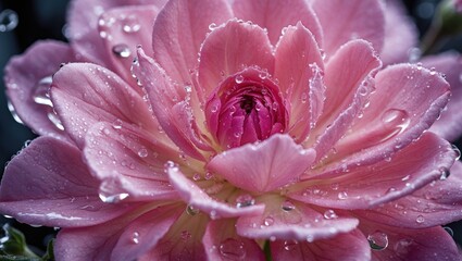 Wall Mural - close-up of pink flower with water droplets on petals against dark background copy space