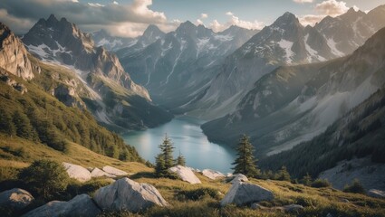 Wall Mural - Mountain landscape with a serene lake surrounded by peaks and pine trees in the foreground during golden hour Copy Space