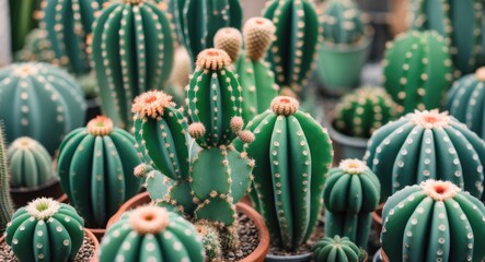 Sticker - Various types of cacti in pots with vibrant green colors and spines, displaying unique shapes and textures, indoor plant arrangement, Copy Space