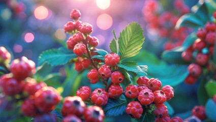 Sticker - Close-up of vibrant red berries on a bush with green leaves against a blurred background of sparkling light and soft colors Copy Space