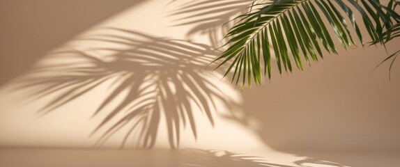 Wall Mural - green palm leaves casting intricate shadows on a textured beige wall in a minimalistic setting with 