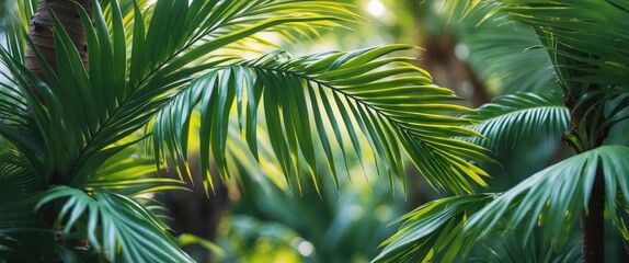 Wall Mural - lush green tropical palm leaves with sunlight filtering through creating a vibrant natural backgroun