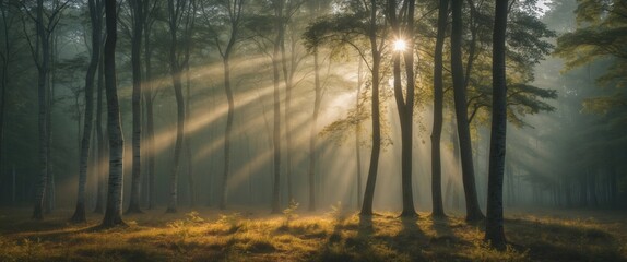 Wall Mural - sunlight filtering through trees in a misty forest creating a serene atmosphere with soft rays of li