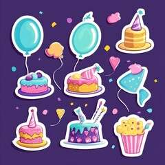Poster - Colorful festive stickers featuring balloons, party hats, and cakes for celebrations and events. Generative AI