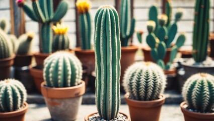 Sticker - Cacti collection in pots with various shapes and sizes including tall green cactus and round spiky varieties with flowers outdoors