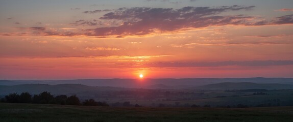 Wall Mural - Sunrise over rolling hills with colorful sky and clouds, rural landscape at dawn, natural scenery, Copy Space