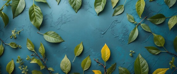 Sticker - Greenery arrangement of various leaves on a textured blue background with natural light Copy Space