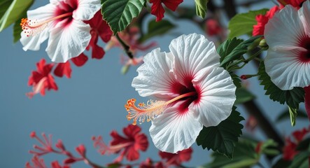 Wall Mural - Hibiscus flowers with vibrant red accents and lush green leaves on a blue background with Copy Space for text placement