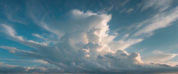 Wall Mural - dramatic cumulus clouds against a blue sky with soft sunlight illuminating the scene providing ample